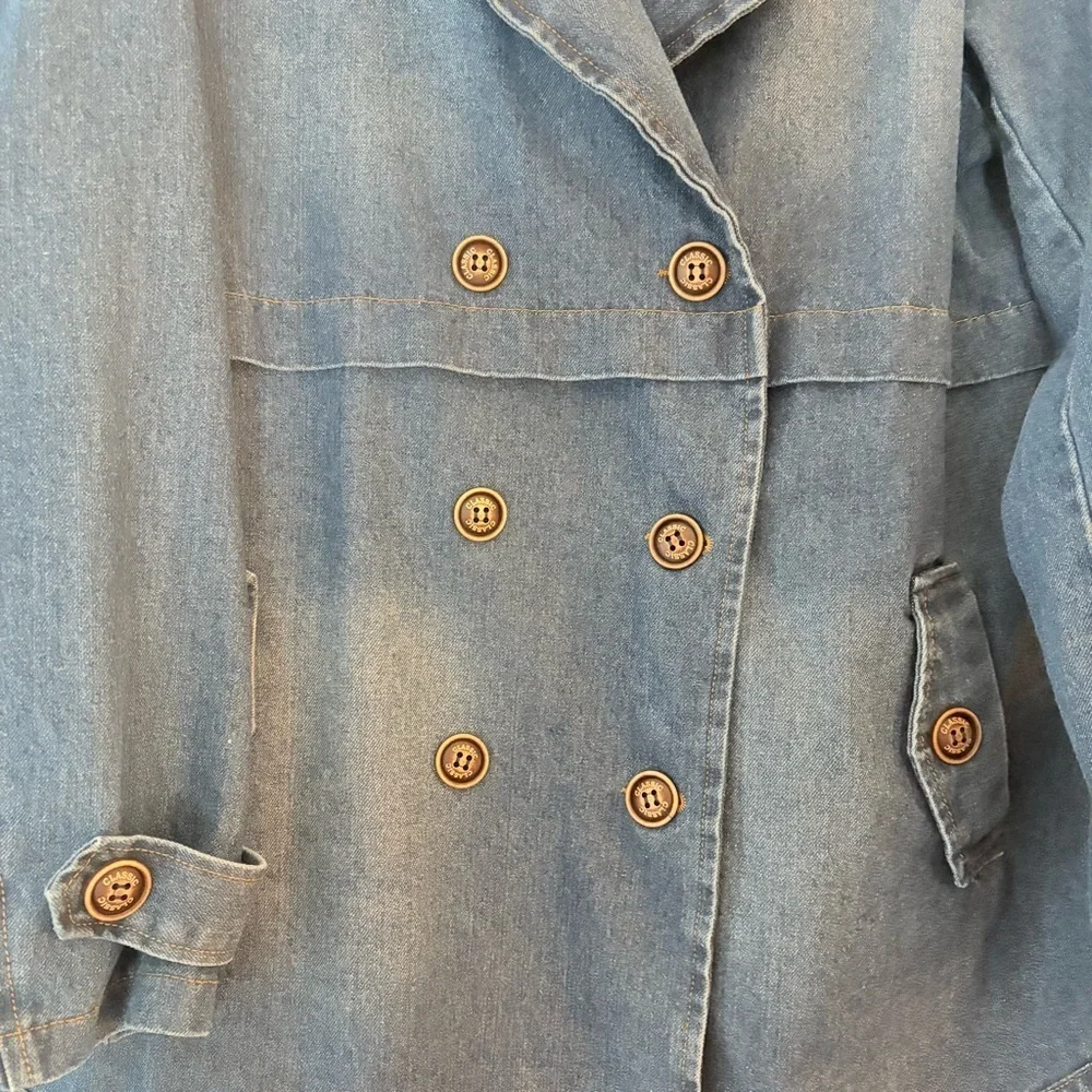 Classic Nautical Preppy Medium Wash Denim Double Breasted Jean Trench Co…